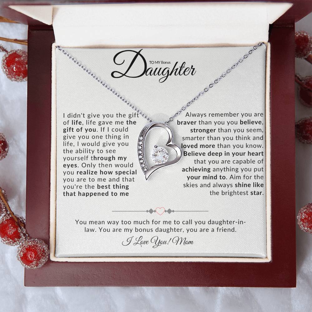TO MY BONUS DAUGHTER I FOREVER LOVE NECKLACE I LOVE MOM