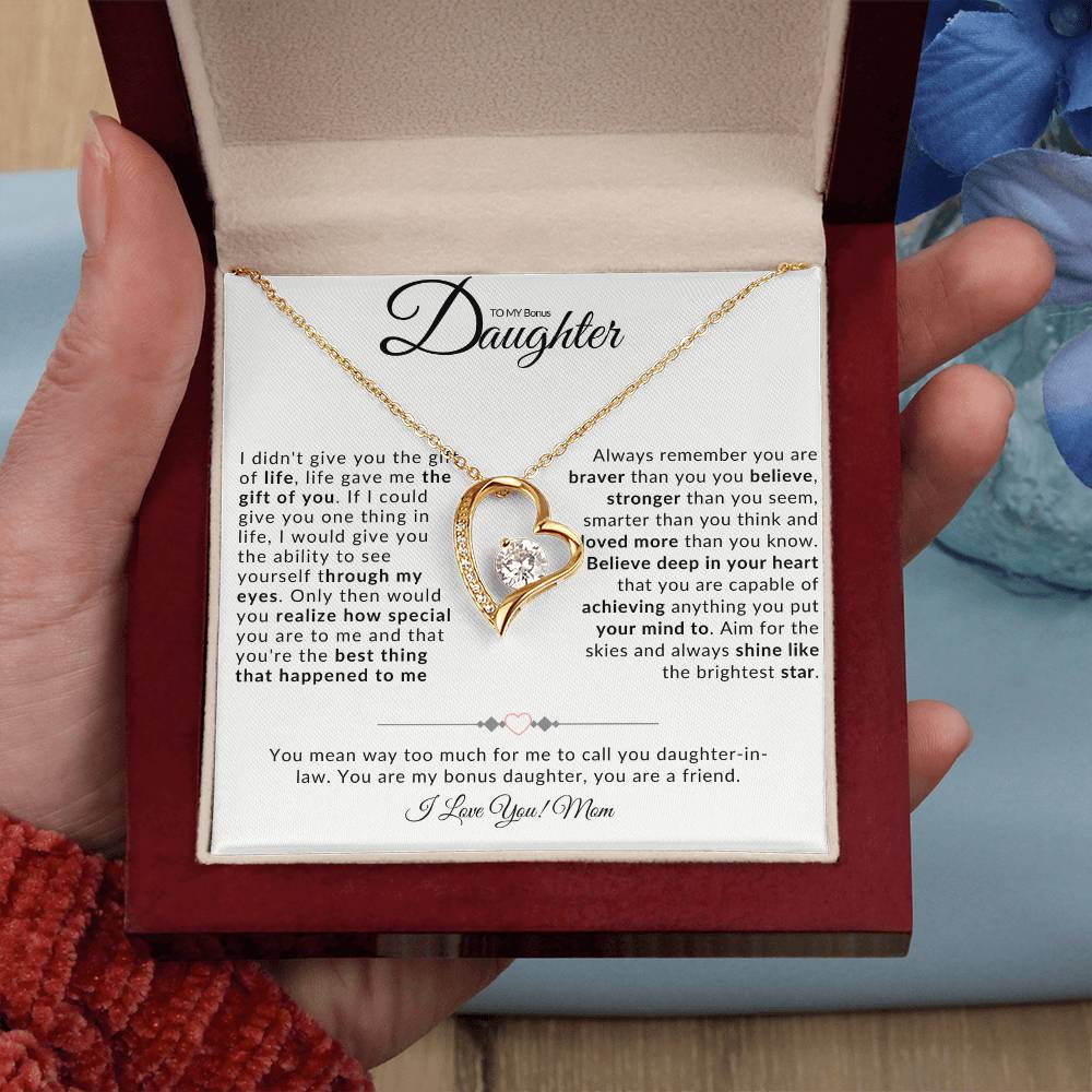 TO MY BONUS DAUGHTER I FOREVER LOVE NECKLACE I LOVE MOM