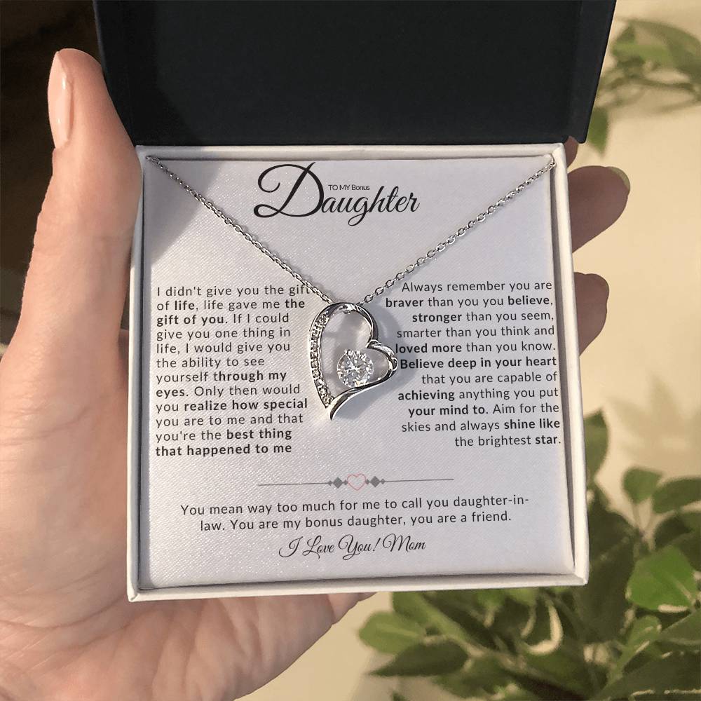 TO MY BONUS DAUGHTER I FOREVER LOVE NECKLACE I LOVE MOM